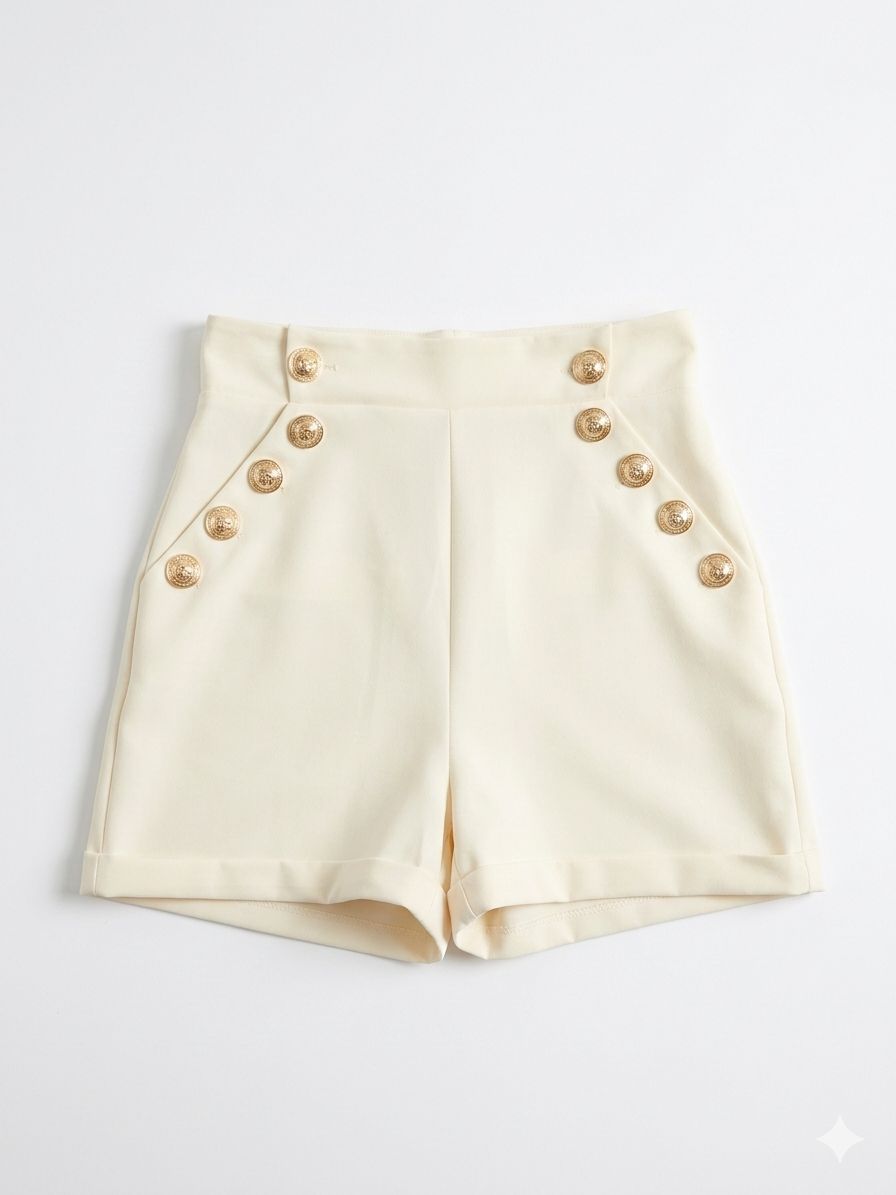 Corsetto con bottoni dorati e shorts con risvolto.