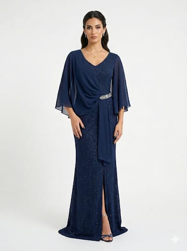 Abito Lungo Elegante Glitterato, con manica in Chiffon e Punto Luce in Vita.