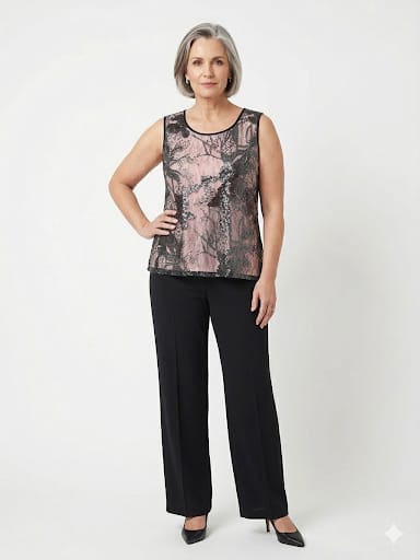 Tre Pezzi Elegante con Pantalone, Top in Pizzo e Cardigan Drapery