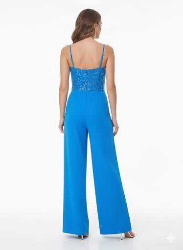 Tuta jumpsuit con bustino di paillettes.