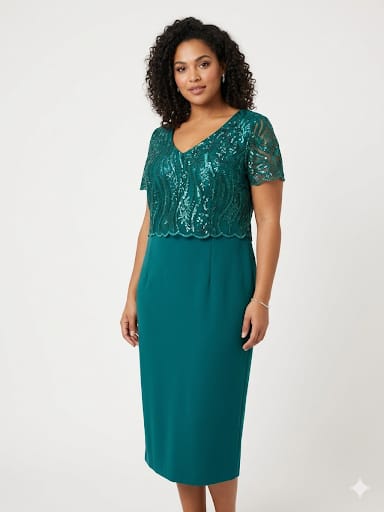 Abito curvy raffinato color ottanio per grandi occasioni.