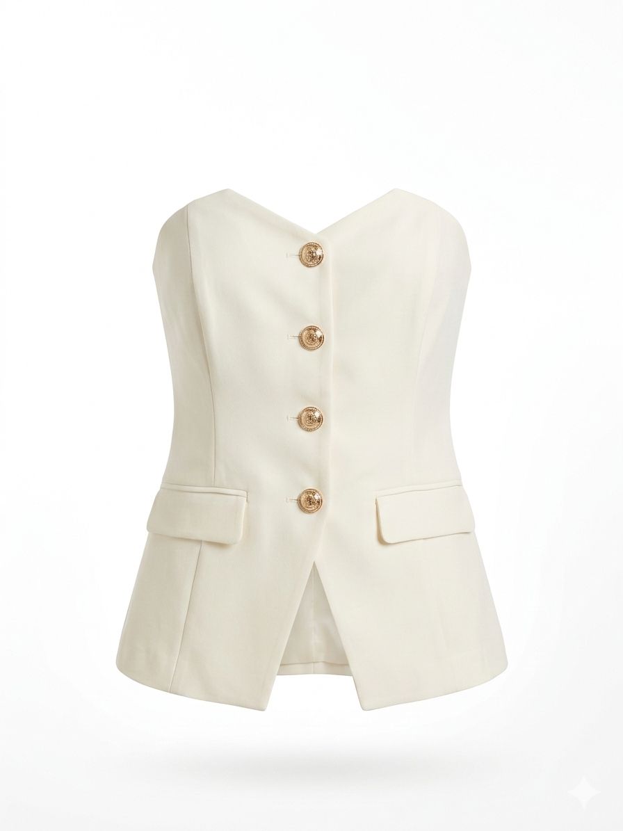 Corsetto con bottoni dorati e shorts con risvolto.