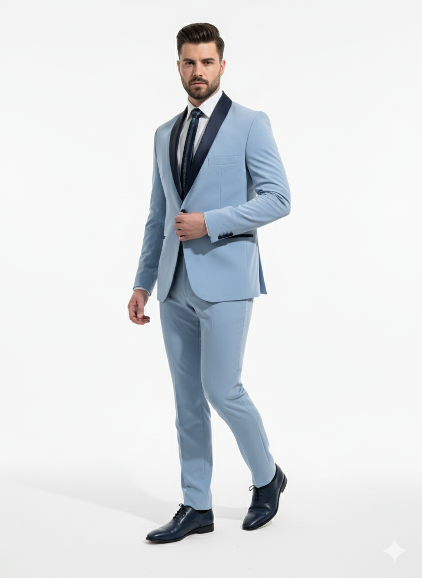 SMOKING SUIT WITH LIGHT BLUE SHAWL