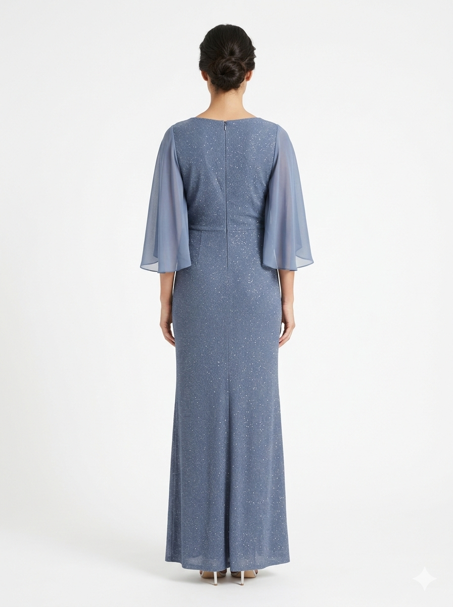 Abito Lungo Elegante Glitterato, con manica in Chiffon e Punto Luce in Vita.