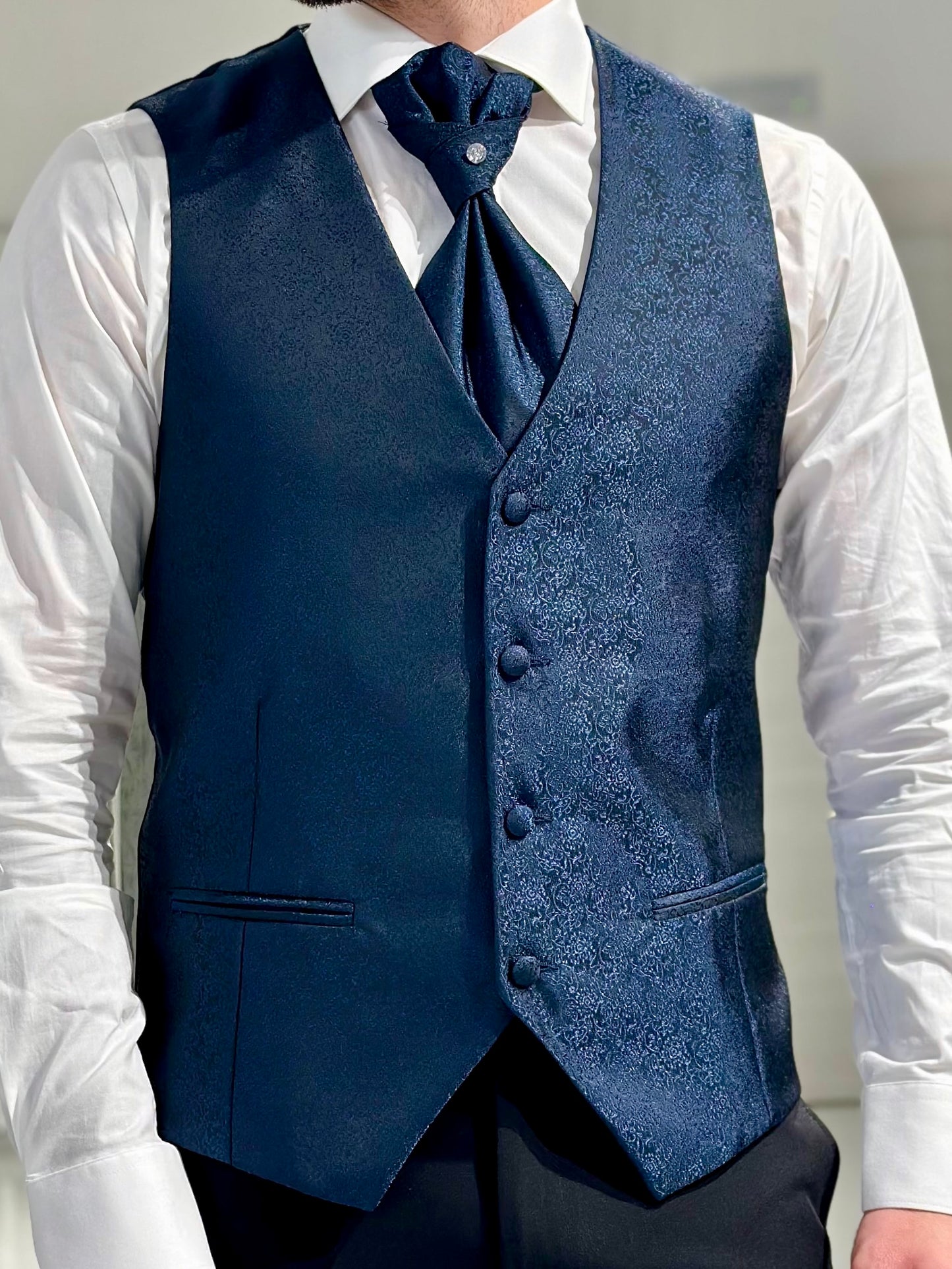 GILET MONOPETTO DAMASCATO BLU